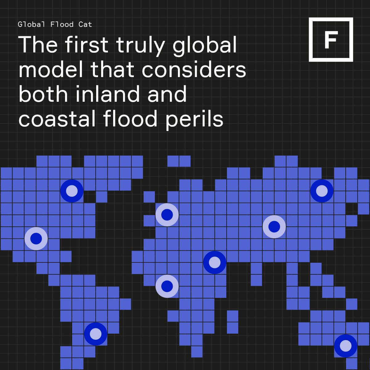 Stylised grid map of the world with pins showing Global Flood Cat model