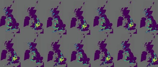 Decorative image showing multiple maps of the UK with different colour-coded hazard return periods