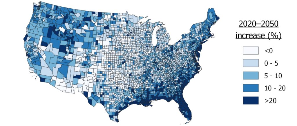 Map of the United States showing increase in population exposure to flood risk