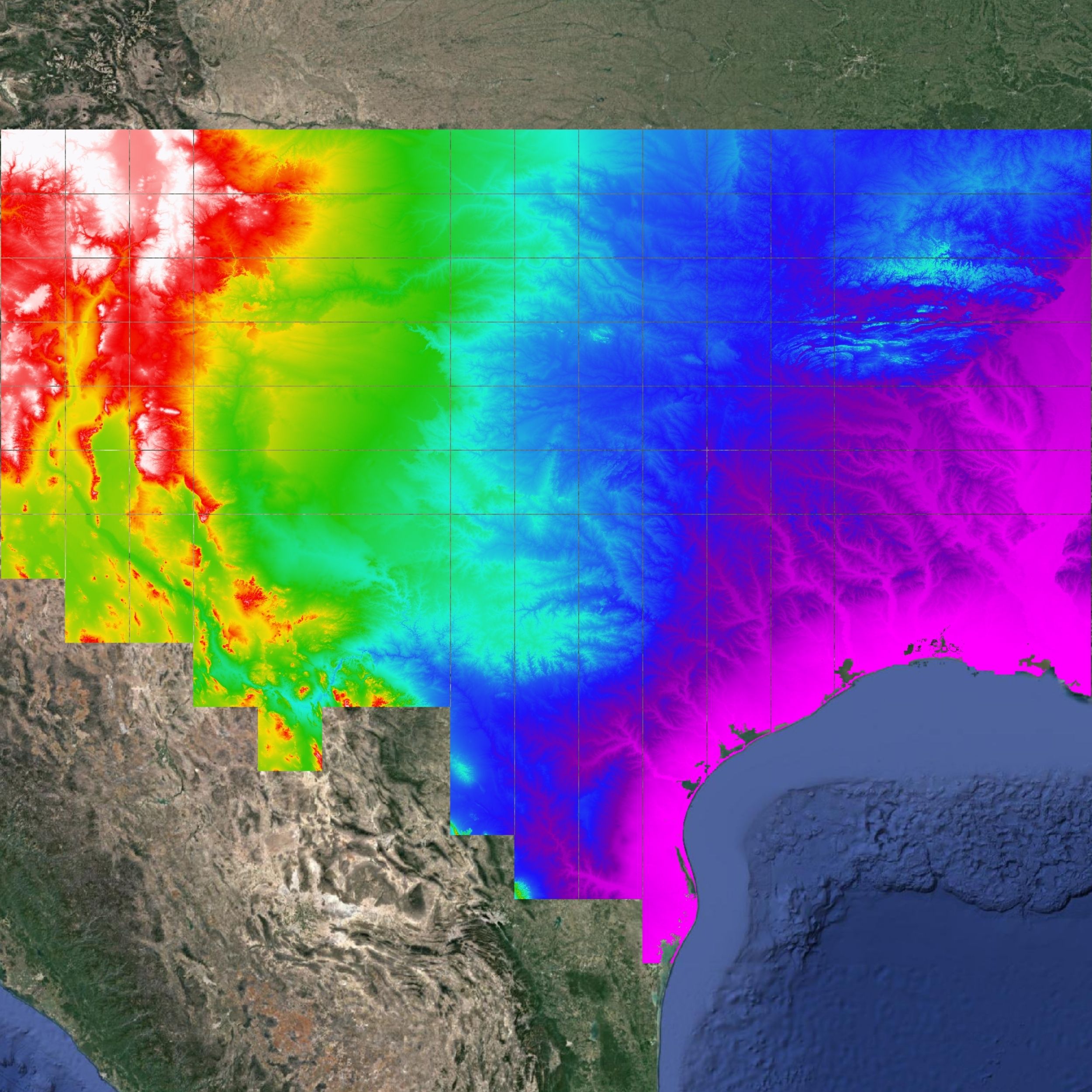 A digital elevation map of Texas' terrain.