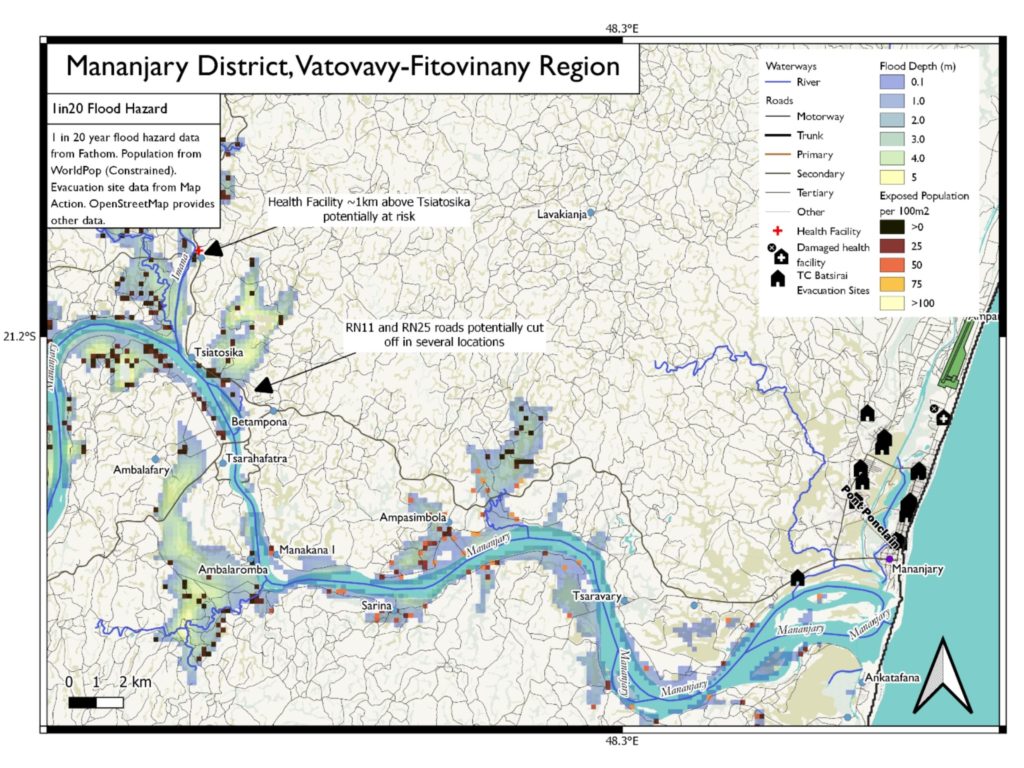 Mananjary District population exposure to Cyclone Emnati. Flood severity is expected to reach a 1-in-20 year flood event.