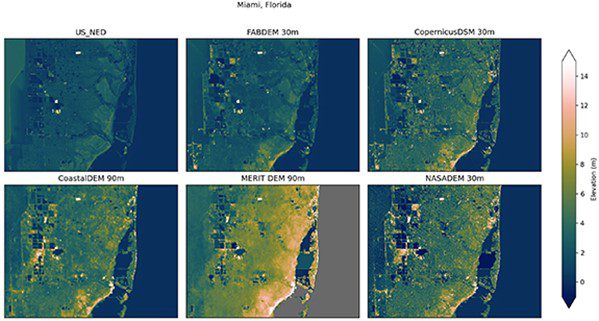 Figure 5: Visual comparison of different DEMs over a region of Florida, USA including Miami against the reference US NED.