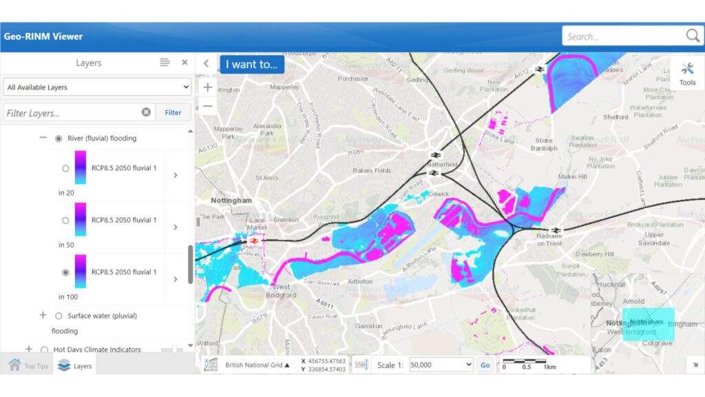 A 1:100 year river (fluvial) event in the 2050s under the RCP 8.5 climate scenario
