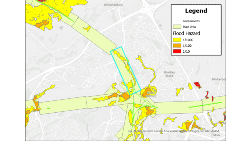 Climate Change Adaptation Pathways risk assessment tool - high-level outputs showing the combined climate risk assessments for each section of the network combined with Fathom’s flood data to show flooding categorized by risk bandings