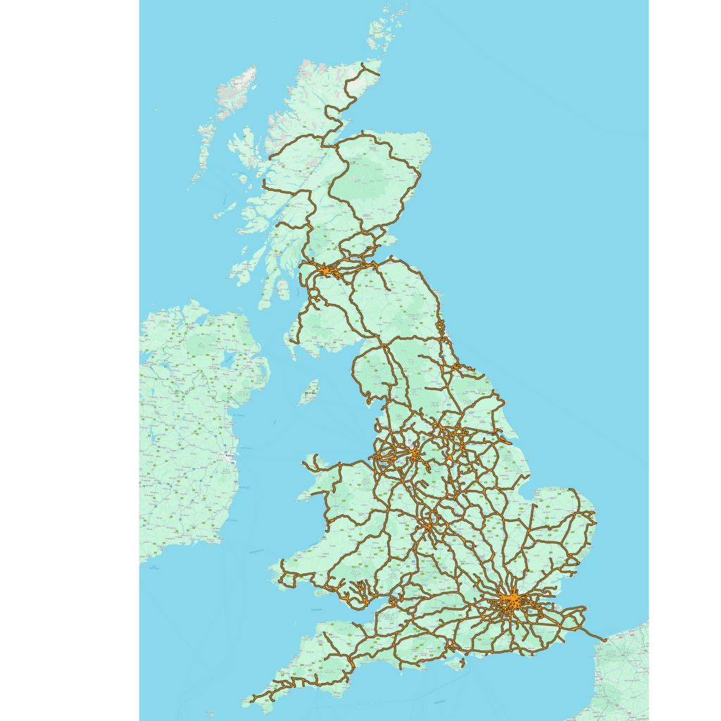 A Map of Great Britain identifying the data provided to cover Network Rail’s network