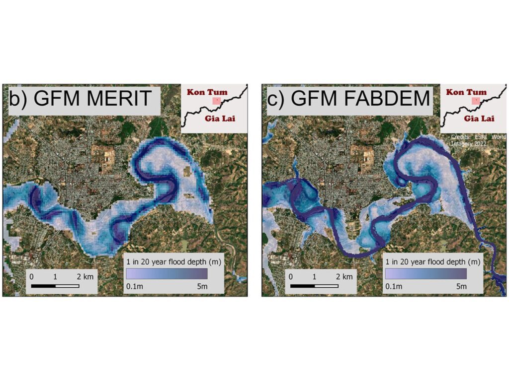 Flood hazard maps of Kon Tum, Vietnam. Two versions of a global flood model, each with a different underlying elevation dataset, are compared.