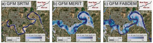 Flood hazard maps of Kon Tum, Vietnam. Three versions of a global flood model, each with a different underlying elevation dataset, are compared.
