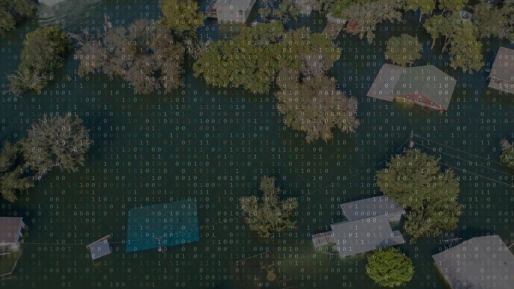Aerial footage of a floodplain with binary code overlaid