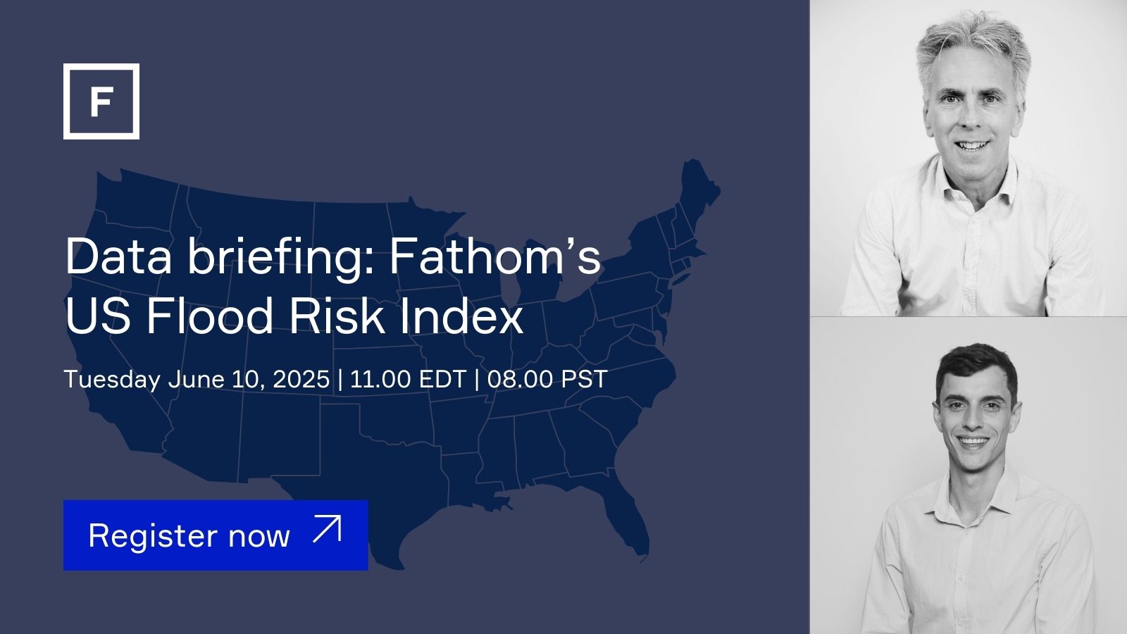 Data briefing: US Flood Risk Index. US state map and presenter thumbnails for a webinar.
