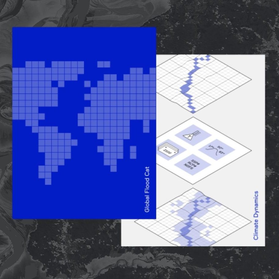 Global Flood Cat and Climate Dynamics thumbnails on a flood map background
