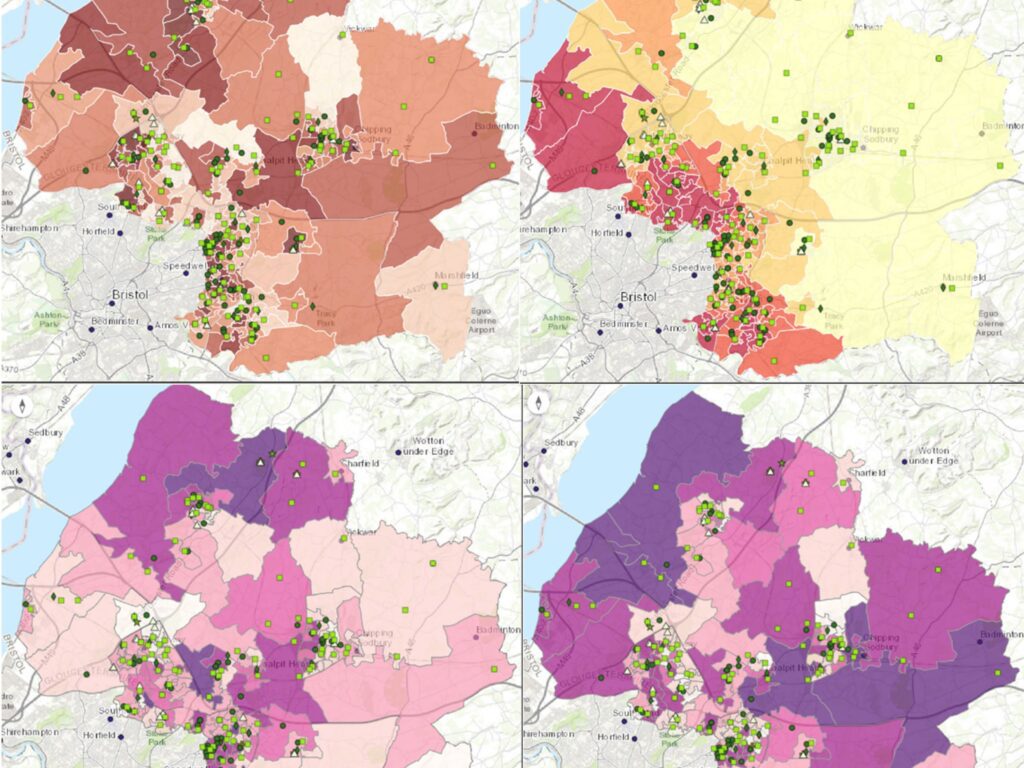 A composite image made up of four proof-of-concept application screenshots (presented only for display purposes) with example LSOAs highlighted. These are given as examples of the tool developed.