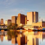 Downtown Newark skyline reflection on the banks of the Passaic River.