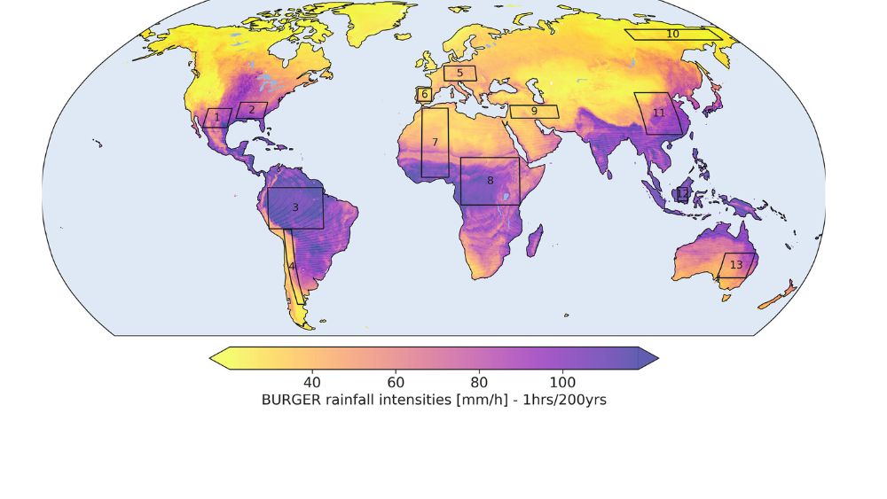 BURGER rainfall intensity derived with regionalized SMEV parameters for a 1 hr, 200 years rainfall event. The gray rectangles correspond with 13 areas of interest which have been assessed individually in Section 3.2.3 to evaluate BURGER's similarity with GPEX.