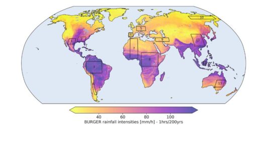 BURGER rainfall intensity derived with regionalized SMEV parameters for a 1 hr, 200 years rainfall event. The gray rectangles correspond with 13 areas of interest which have been assessed individually in Section 3.2.3 to evaluate BURGER's similarity with GPEX.