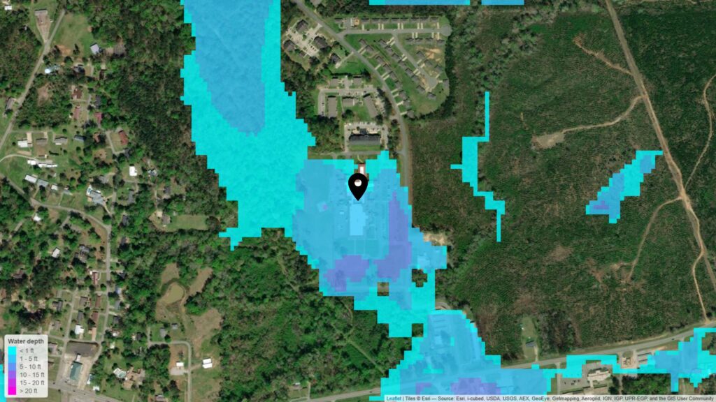 Critical access hospital in Alabama (Fathom, 1-in-100-year flood, pluvial, defended) - PIN