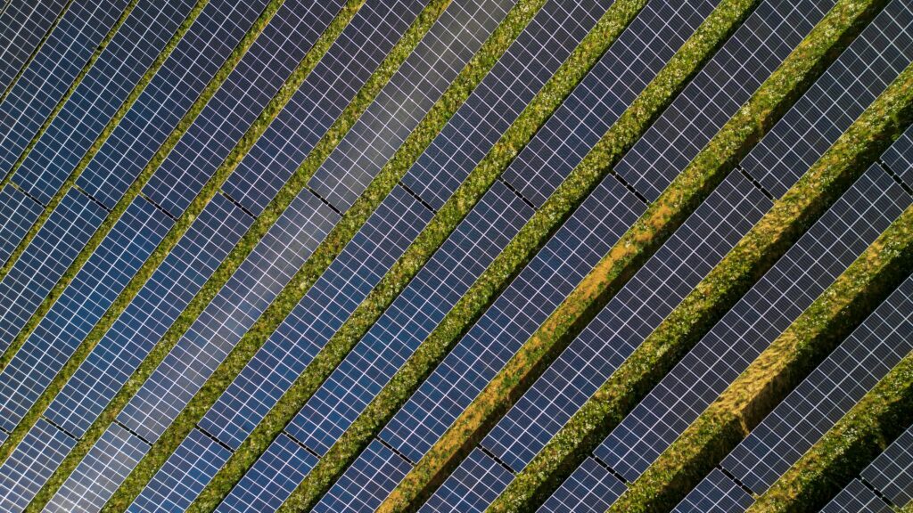 Photo by Philipp via Unsplash of a solar farm from the air